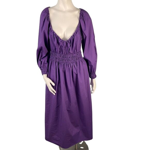 Rebecca Taylor Cotton Poplin Smocked Waist Milkmaid Midi Dress Size Small Purple - Picture 2 of 14